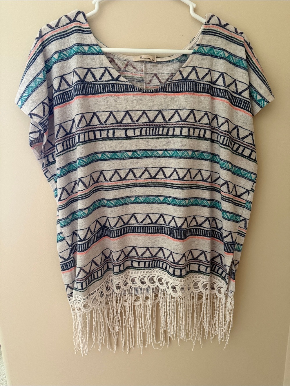 M/L Boho Fringe Tribal Print Short Sleeve Top - Teal & Navy